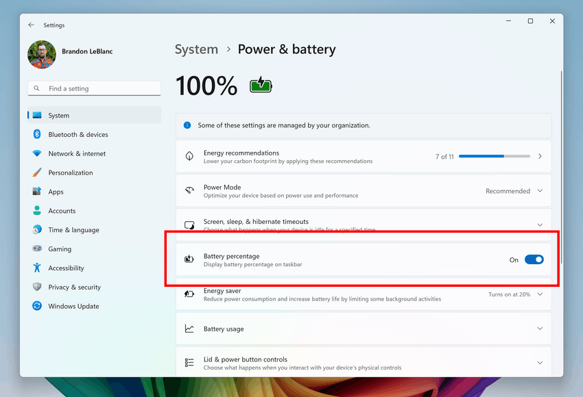 方法二:Windows 11 新功能——在任务栏直接显示电池百分比