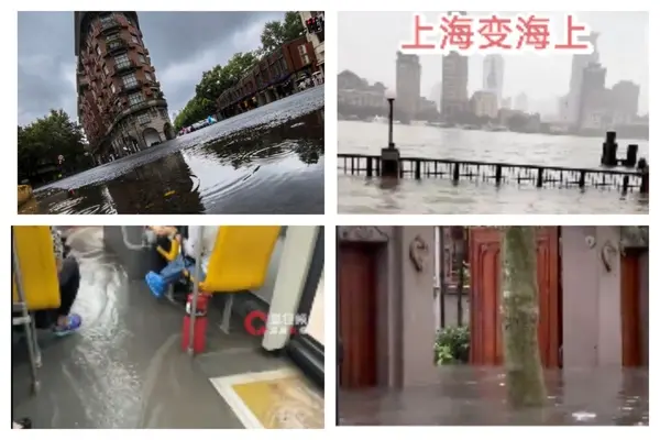 2026年第13号台风“白海豚”横扫中国东部，多地发布暴雨红色预警，上海24小时降水量打破154年观测纪录。（网络截图合成）