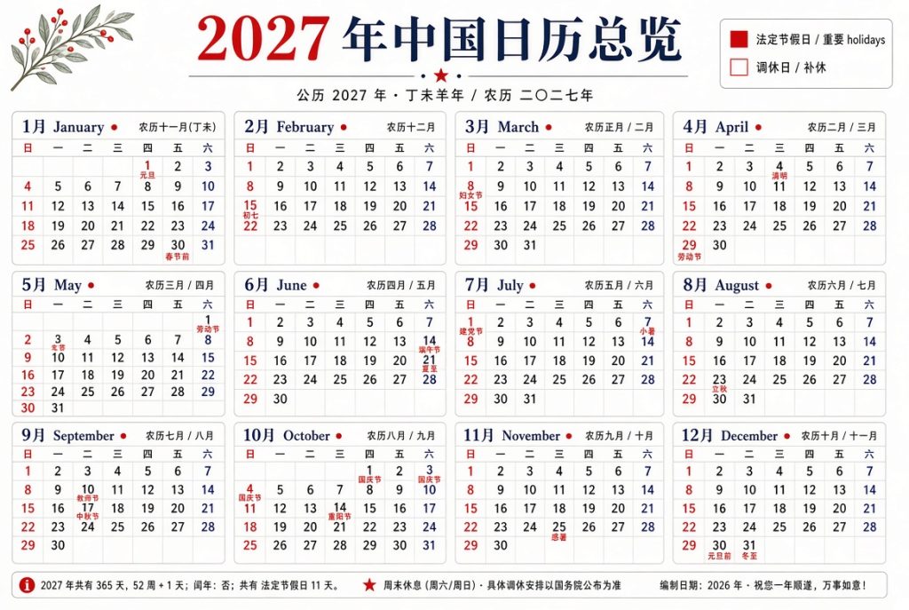 2027年日历全年表