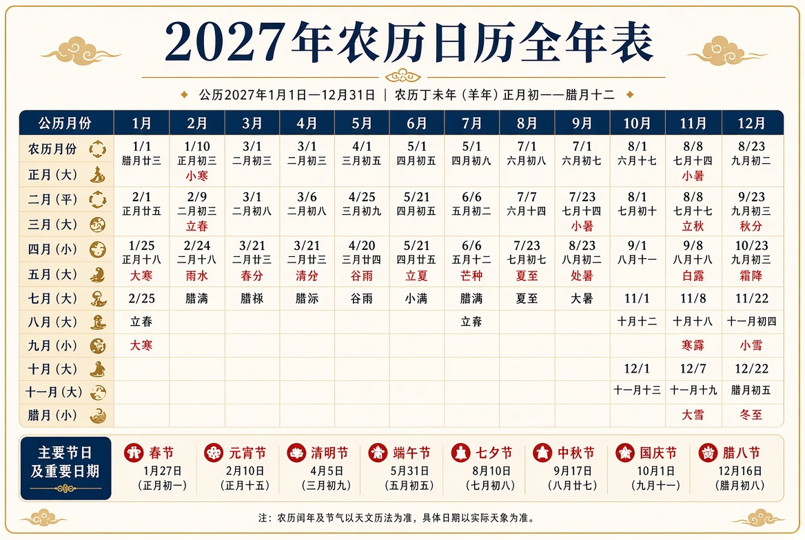 2027年农历日历全年表 丁未羊年阴历阳历对照