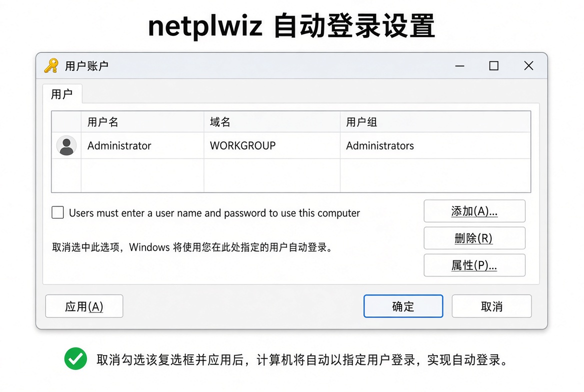 netplwiz 自动登录设置